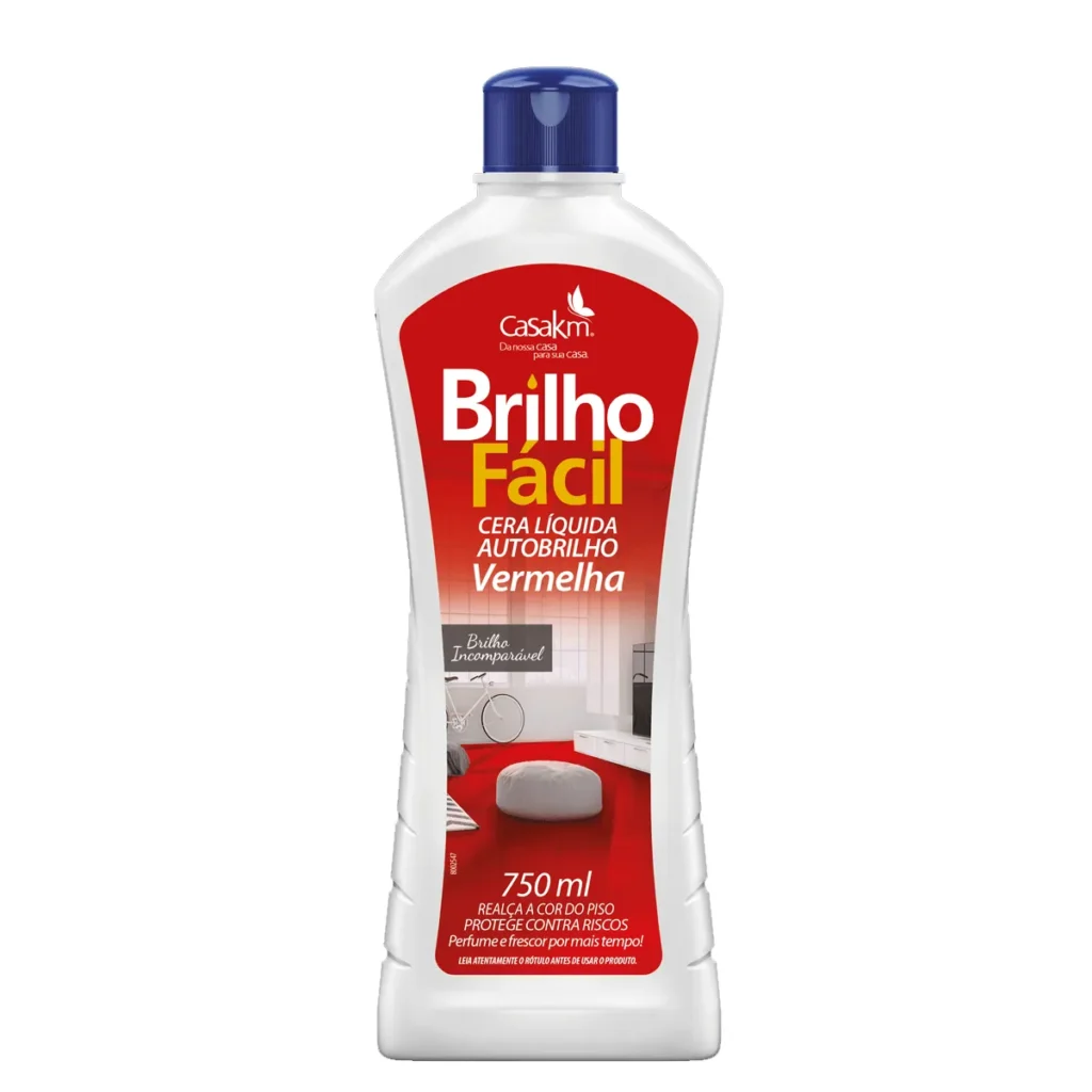 Frasco de 750ml de Cera Líquida Brilho Fácil Vermelha, com rótulo característico da marca e imagem de piso avermelhado brilhante. | Elite M4