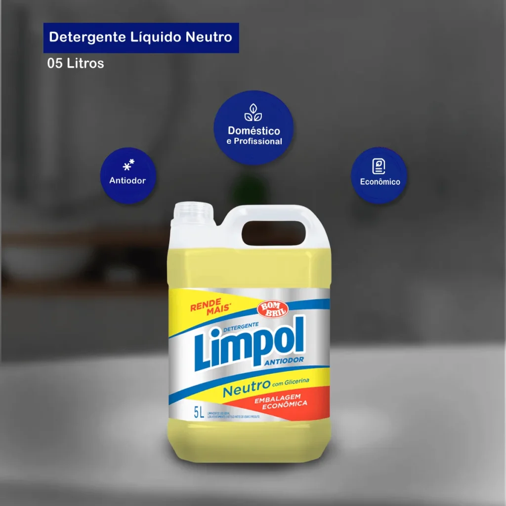 Galão de 5 litros do Detergente Neutro Limpol, com rótulo em tons de verde e amarelo, destacando sua ação neutra e poder de limpeza. | Elite M4